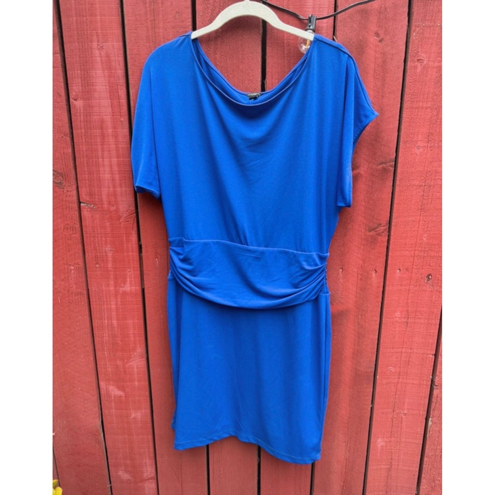 Ann Taylor Women's Medium Blue Ruched Waist Cowl Neck Short Sleeve Dress